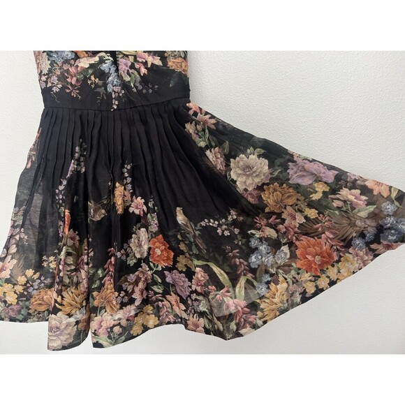 Zimmermann Pavilion V Neck Mini Dress in Black Multi Floral Linen Silk AU 1 US 6 - Picture 10 of 16